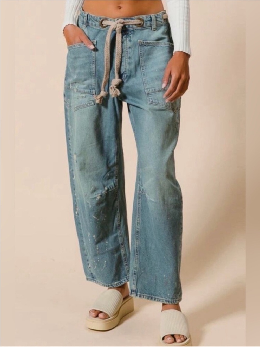 Bibi Rope Belt Paint Splatter Jean Barrel Pant Size XL